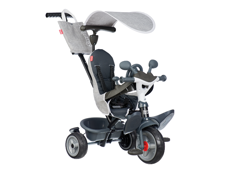Tricycle Smoby Baby Drive gris avec pare-soleil et sac.