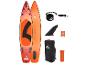 Planche de paddleboard orange et rouge avec accessoires : leash, ailerons, sac et kit de réparation.