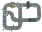 Circuit routier jouet avec voitures, un pont et un rond-point sur fond blanc.