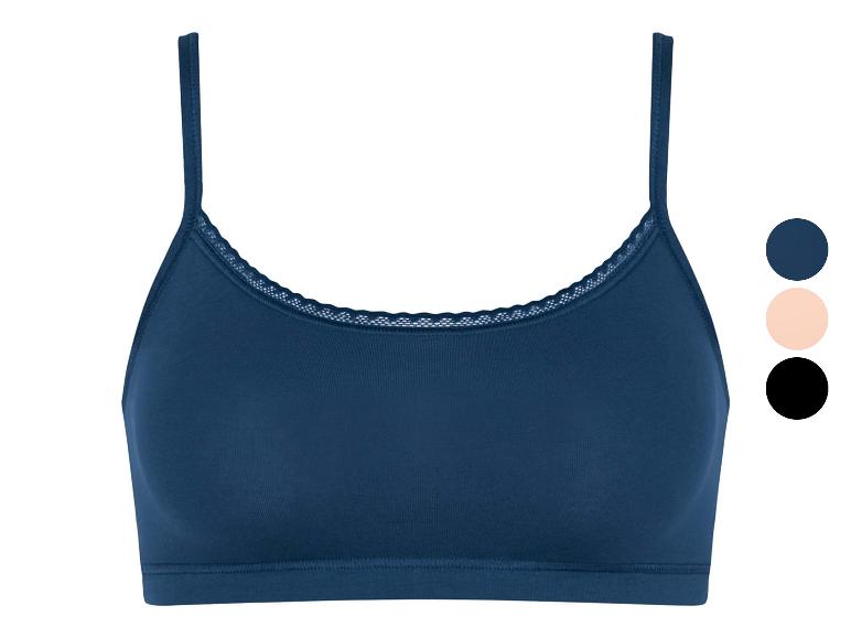 Un soutien-gorge bleu marine avec des bretelles fines et de la dentelle sur le dessus.