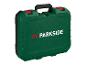 Boîte à outils verte avec poignées noires et fermoirs rouges, avec le texte 'PARKSIDE'