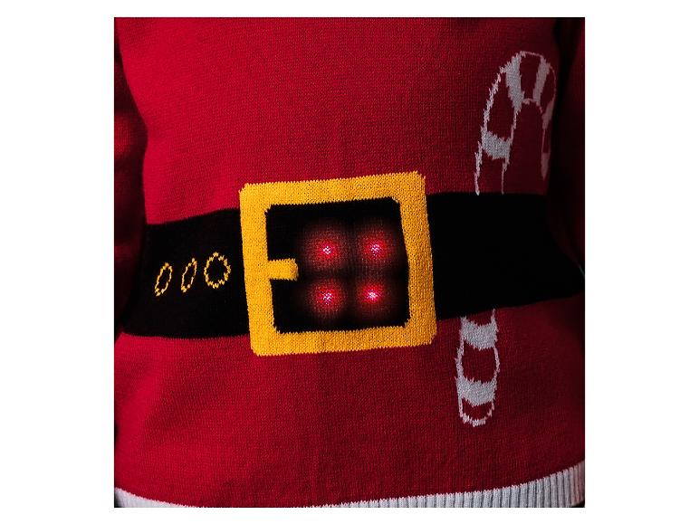 Un pull de Noël rouge avec une ceinture noire, une boucle dorée et des lumières LED rouges.