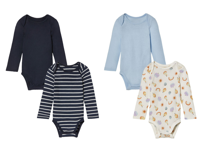 Bodys bébé en bleu uni, rayé et à imprimé fruits.