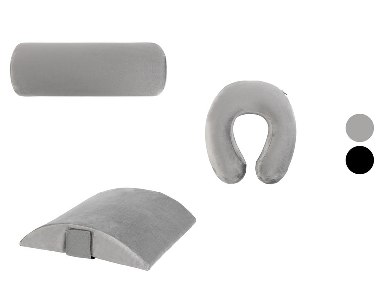 Un oreiller gris en forme de fer à cheval, un oreiller cylindrique et un oreiller semi-circulaire.