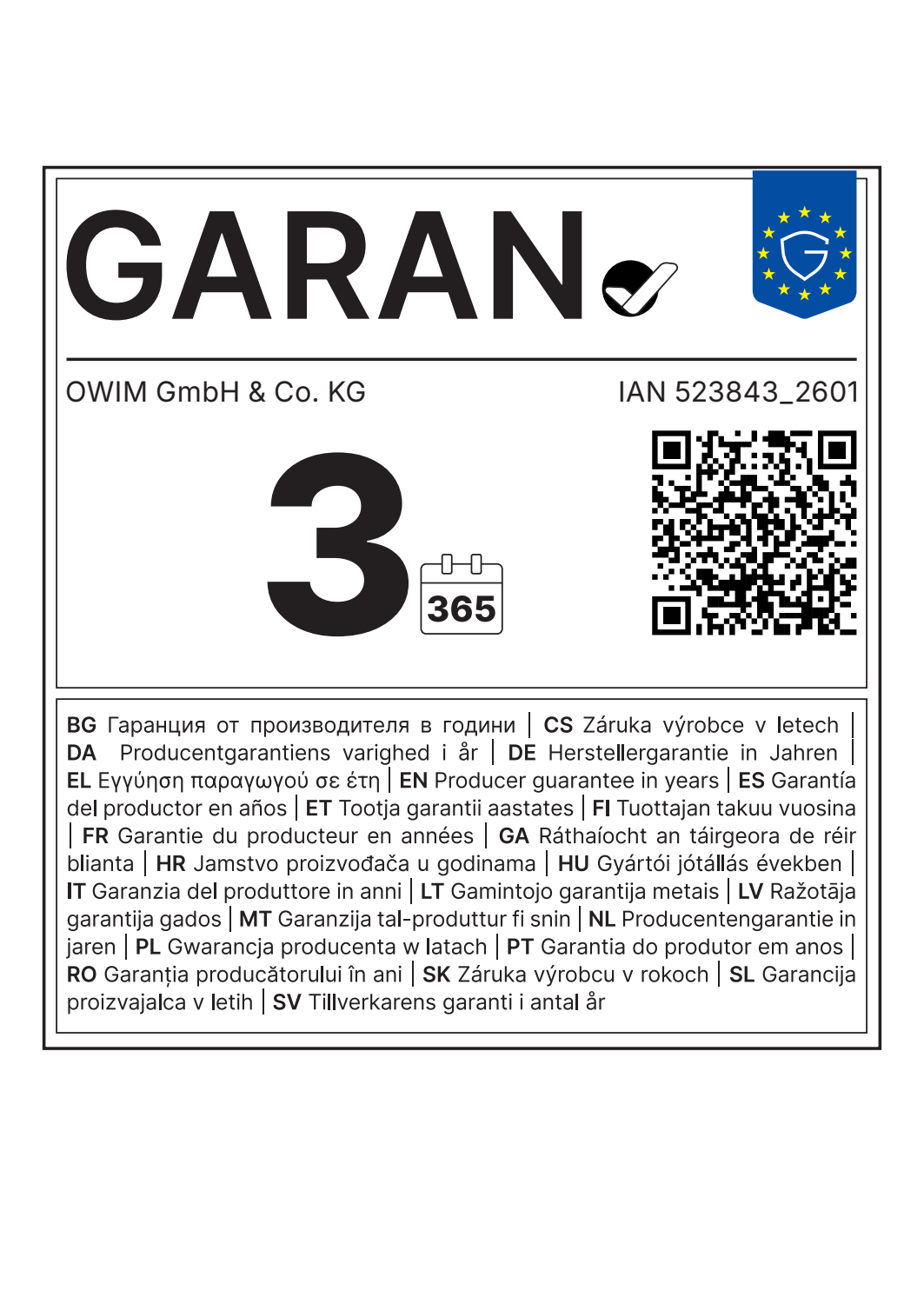 Sceau de garantie de 3 ans avec IAN 523843_2601 et code QR.