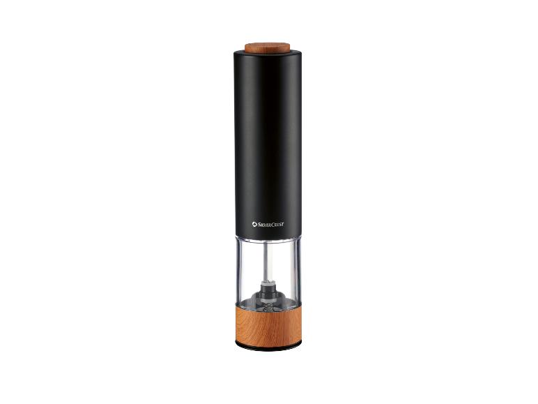 Moulin à épices électrique noir avec accents en bois.