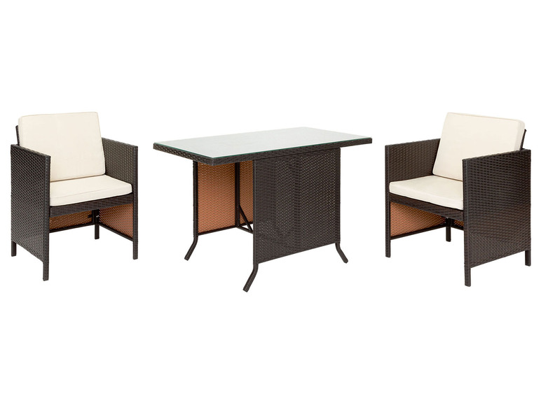 Ensemble de jardin en rotin avec deux chaises et une table avec plateau en verre.