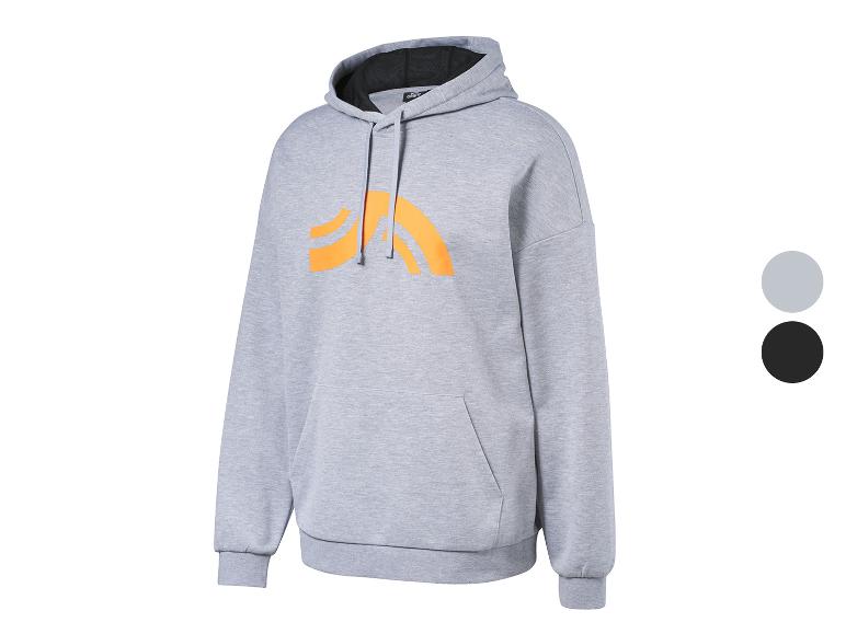 Sweat à capuche gris avec logo orange et options de couleur gris et noir.