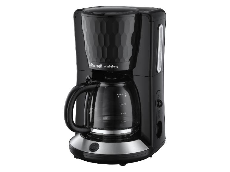 Cafetière noire Russell Hobbs avec carafe en verre et base argentée.
