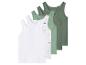 Cinq débardeurs pour garçons en blanc, vert clair et vert foncé, certains avec des imprimés de dinosaures.