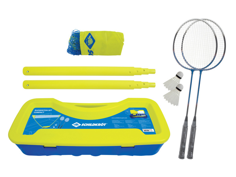 Ensemble de badminton Schildkröt avec deux raquettes, un filet, des volants et un sac de transport.