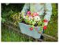 Personne tenant une jardinière pleine de fleurs colorées au-dessus d'une clôture en fer.