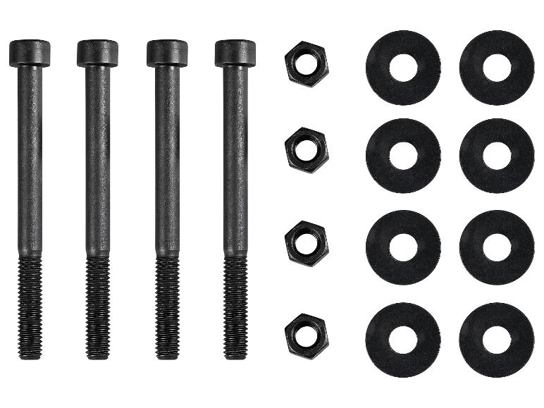 Quatre boulons noirs, quatre écrous et huit rondelles.