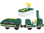 Train jouet vert avec télécommande et figurine de conducteur.