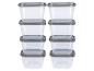 Une pile de six récipients en plastique transparents avec des couvercles gris.