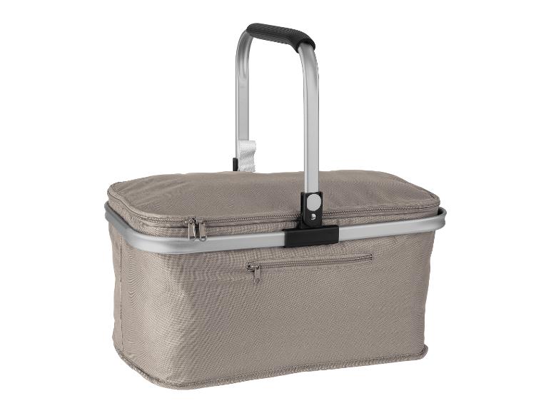 Panier isotherme pliable gris avec poignée en aluminium et fermetures éclair.