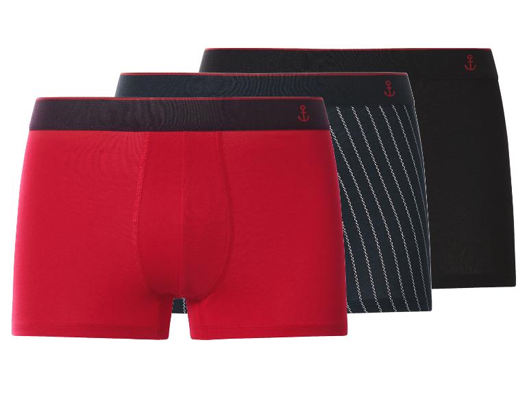 Lot de 3 boxers pour hommes : rouge, rayé bleu marine et noir, avec motif ancre.