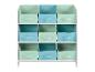 Étagère de rangement blanche avec neuf bacs en tissu vert menthe et bleu sarcelle.