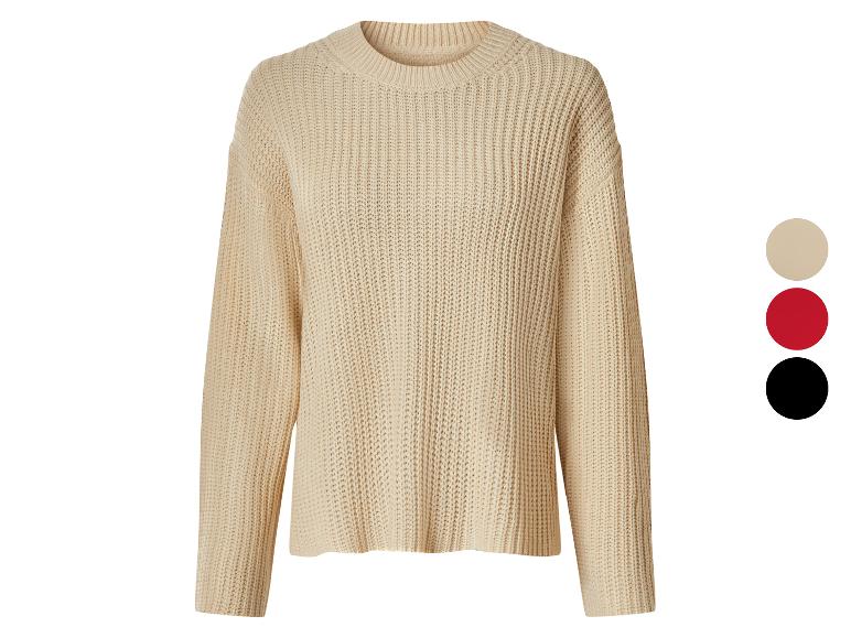 Pull en maille beige avec poignets et ourlet côtelés, disponible en beige, rouge et noir