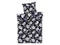 Une parure de lit bleu foncé avec un motif floral.