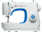 Machine à coudre blanche avec accent bleu et sélecteur de points.
