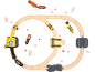 Ensemble de trains et véhicules de construction en bois avec une piste en forme de huit.