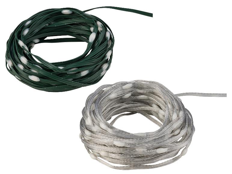 Deux guirlandes lumineuses LED enroulées, une verte et une argentée.