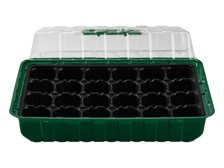 Propagateur de semis vert avec couvercle transparent et 24 cellules.