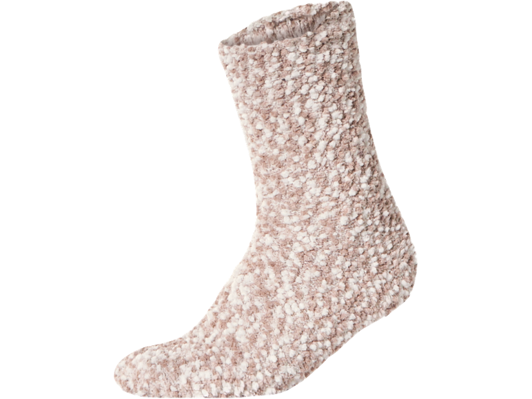 Chaussette d'intérieur douce et moelleuse beige et blanche.