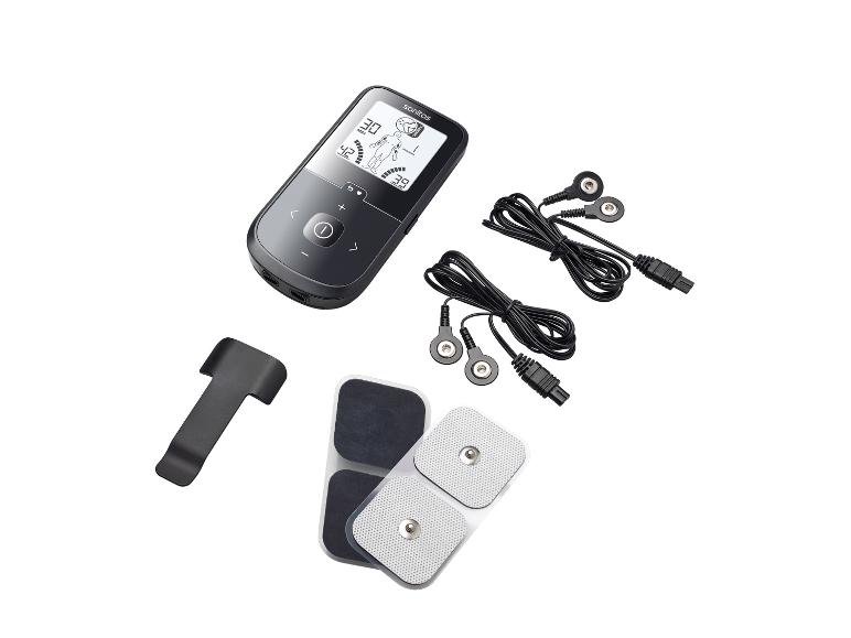 Appareil Sanitas TENS/EMS avec électrodes, câbles et clip de ceinture.