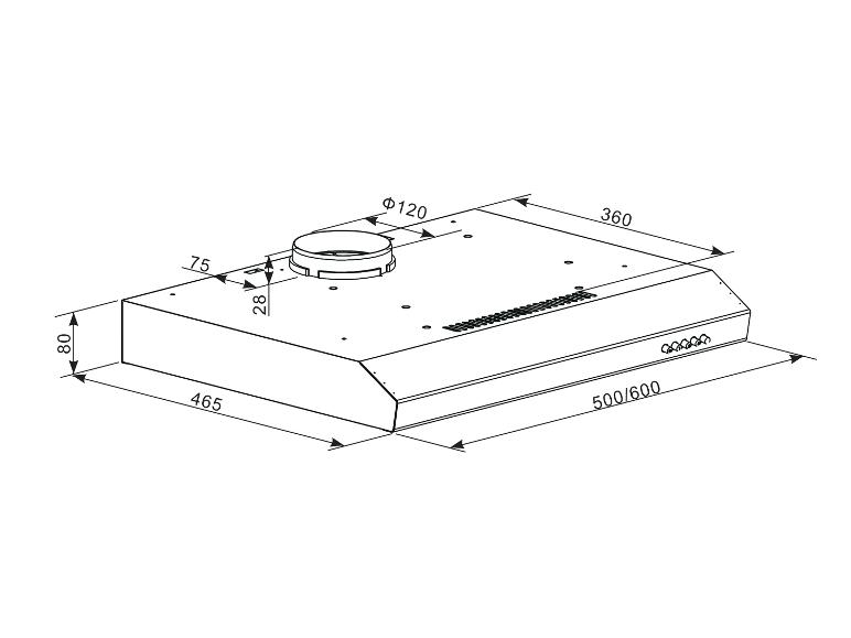 Dessin technique d'une hotte de cuisine avec dimensions : 500/600x465x80mm, conduit Ø120mm.