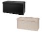 Deux bancs de rangement : un noir en similicuir et un beige en tissu doux.