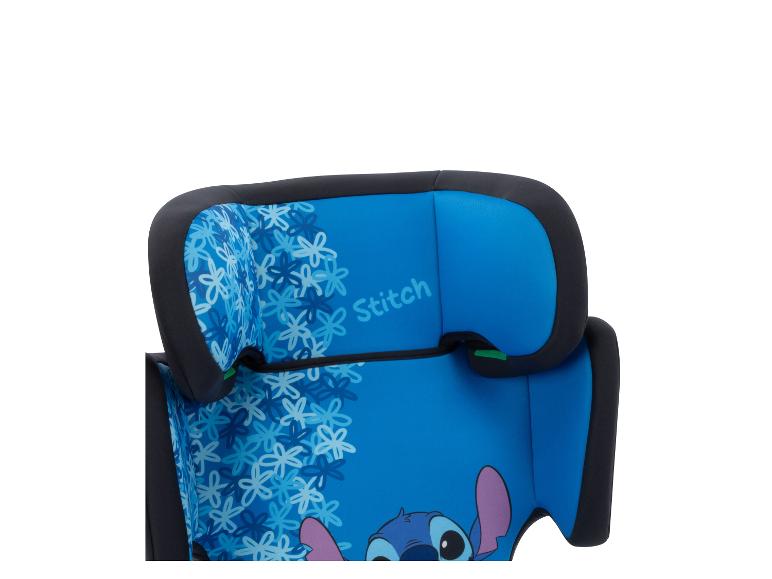 Siège auto enfant bleu avec motif floral et personnage Stitch