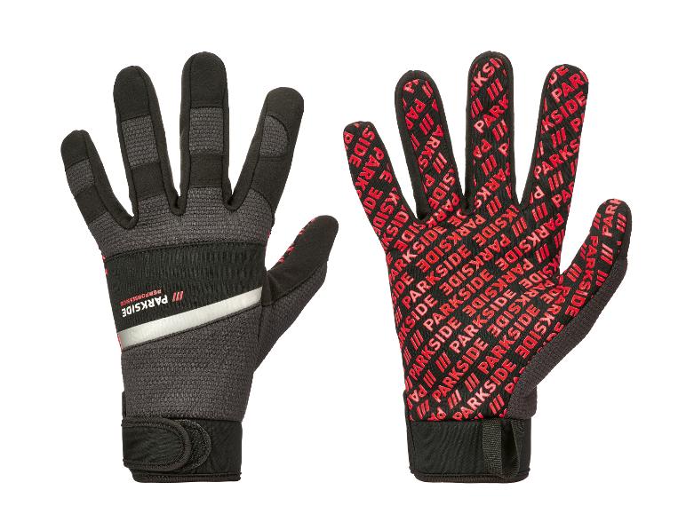 Gants de travail Parkside noirs et rouges, avec le texte « PARKSIDE » sur la paume.
