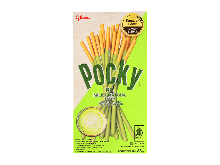 Boîte de bâtonnets de biscuits matcha au lait, étiquetée 'Pocky' et 'Source de fibres, croustillant et délicieux'.
