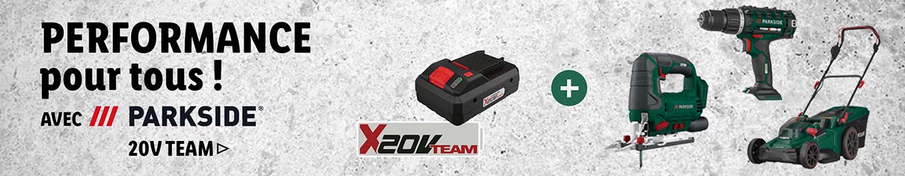 Outils électriques avec une batterie Parkside X 20V Team, incluant une perceuse, une scie sauteuse et une tondeuse.