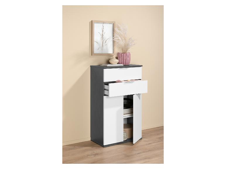 Commode moderne grise et blanche avec deux tiroirs et portes.