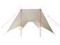 Une toile de tente beige avec des poteaux rouges, idéale pour le camping.