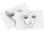 Deux croquis du visage d'une femme montrant différentes étapes du dessin.