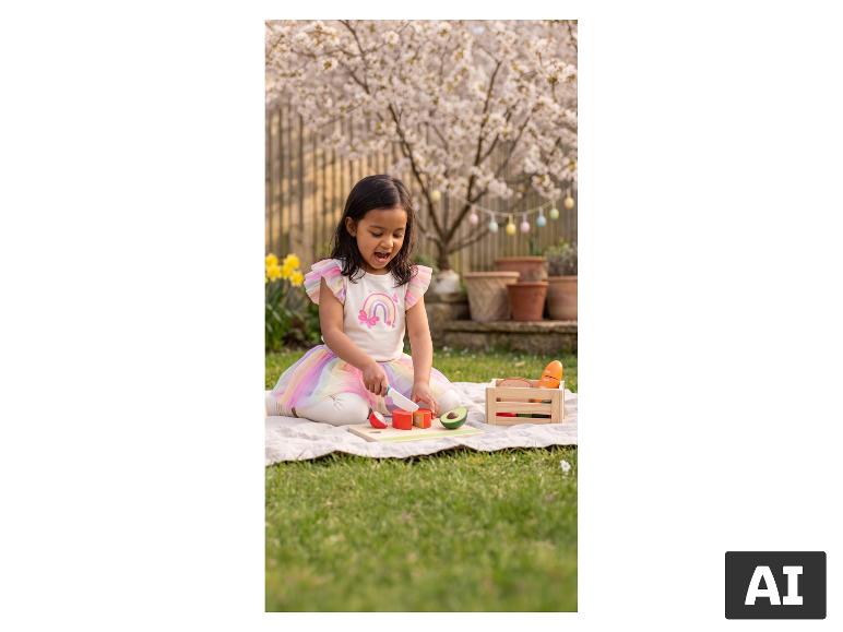 Une jeune fille joue dans le jardin avec un set de légumes en bois à découper LUPILU®. [image générée par l'IA]