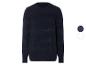 Un pull bleu marine à rayures horizontales.