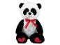 Un panda en peluche avec un nœud rouge et des cœurs sur ses pieds.