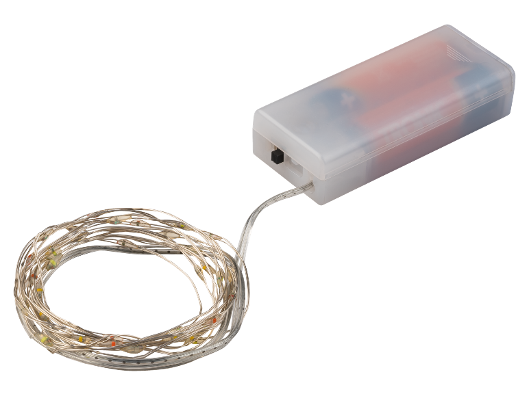 Guirlande lumineuse LED à piles avec boîtier de piles transparent et fil enroulé.
