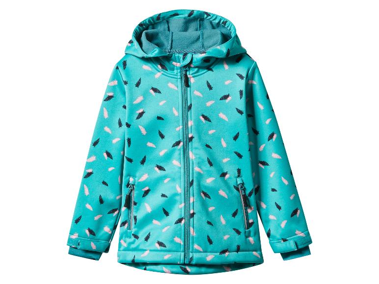 Veste softshell à capuche pour fille, motif plumes, turquoise.