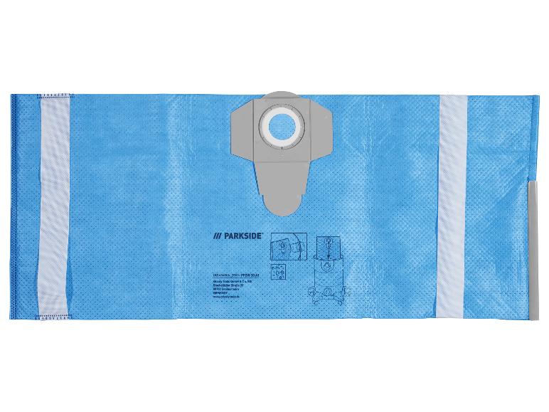 Sac d'aspirateur bleu avec fixation grise et instructions de montage.