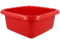Seau en plastique rouge, carré et avec poignées, pour la maison ou le jardin.