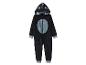 Pyjama une pièce noir à capuche avec détails de dinosaure et ventre gris.