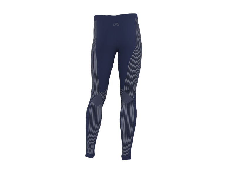 Legging de sport bleu foncé avec rayures verticales et petit logo au dos.