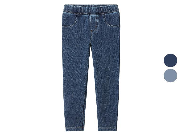 Jeggings en jean bleu avec taille élastique et deux options de couleur.