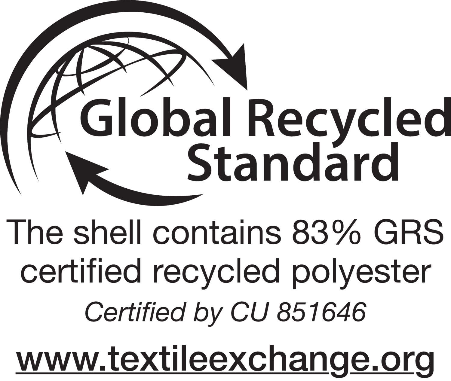 Norme mondiale de recyclage : la coque contient 83 % de polyester recyclé certifié GRS.